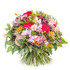A mixed flower bouquet of bright pink dianthus, purple alstroemerias and elegant pink spray roses. 