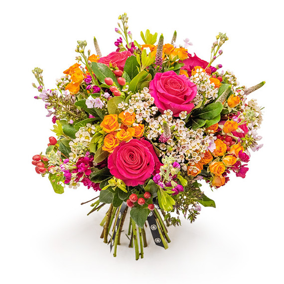 Bring the joy of the season with our hand-tied bouquet of cerise pink roses and orange spray roses. 